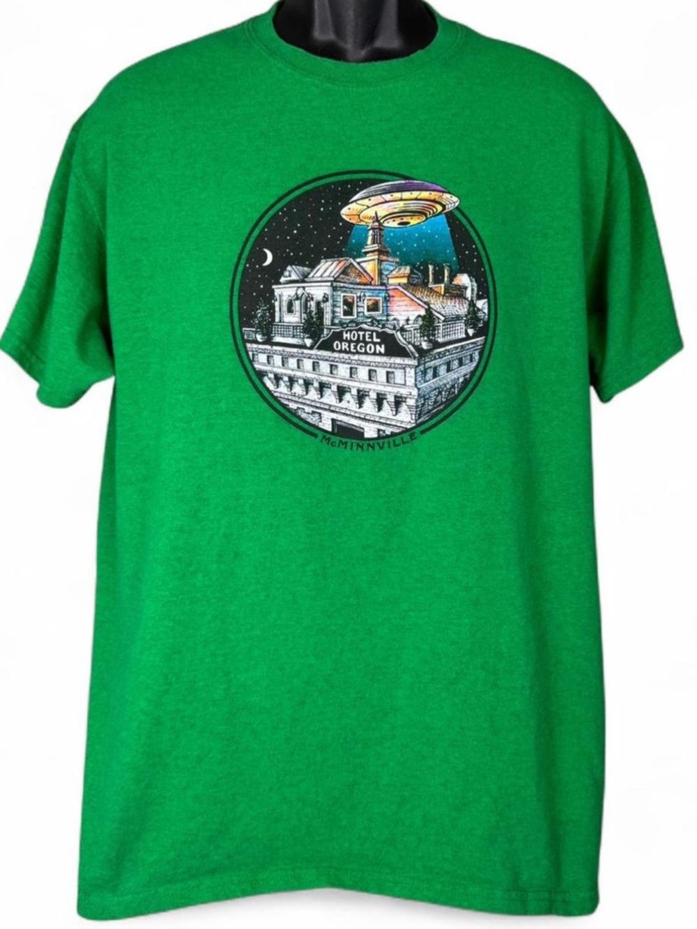 Hotel Oregon UFO Roof Top McMenamins Heather Forest Green Men’s T-Shirt Size L